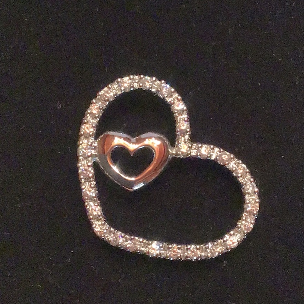 New Sterling Silver Heart Pendant, CZ stones, rhodium plating.